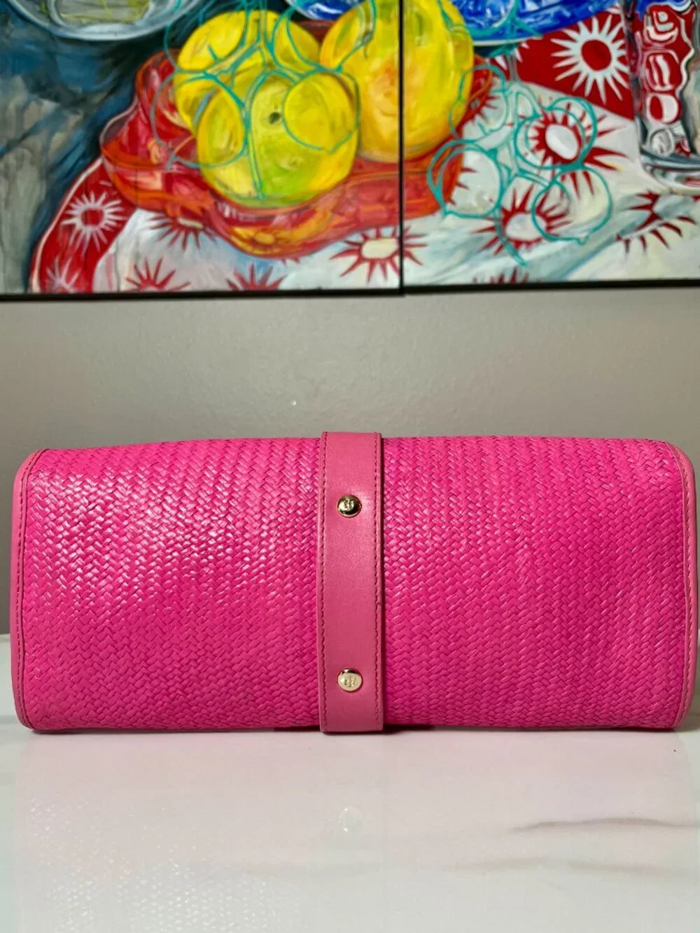 Kate Spade NY Medium Woven Straw Leather Clutch Barbie Pink Floral Lining - Picture 3 of 11